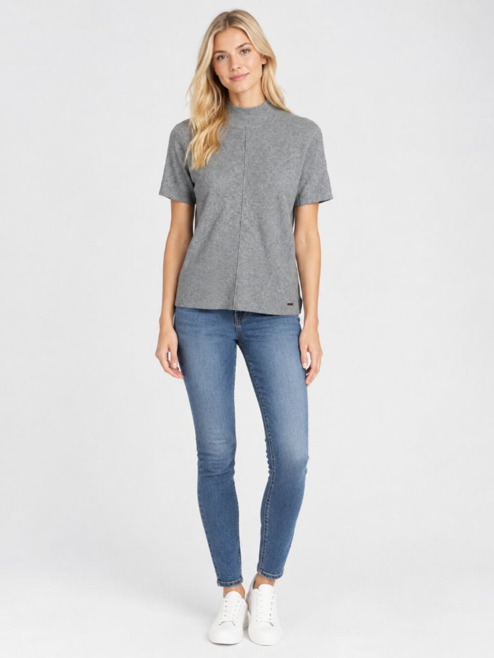 2/$30 T TAHARI Ribbed Central Seam Mock Neck Top Short Sleeve Gray Medium #A5178